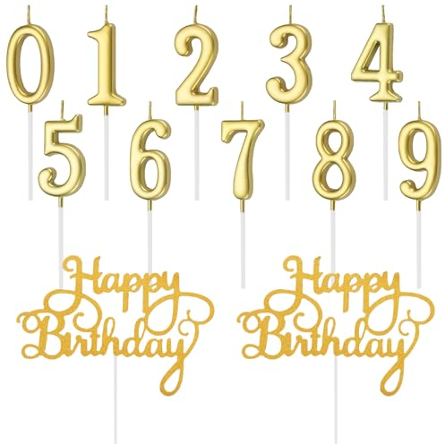 Lotbun 12-teiliges Geburtstagskerzen-Kuchen-Set, Geburtstagskerzenzahlen 0–9 plus 2 Stück Happy Birthday-Buchstabendekoration, Geburtstagskerzen