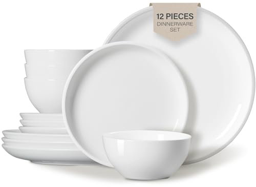 ONEMORE Plates and Bowls Set 12 Pcs,Stoneware Dinnerware Sets for 4 Microwavable,Oven & Dishwasher Safe Porcelain,Scratch Resistant Dishes Set,White