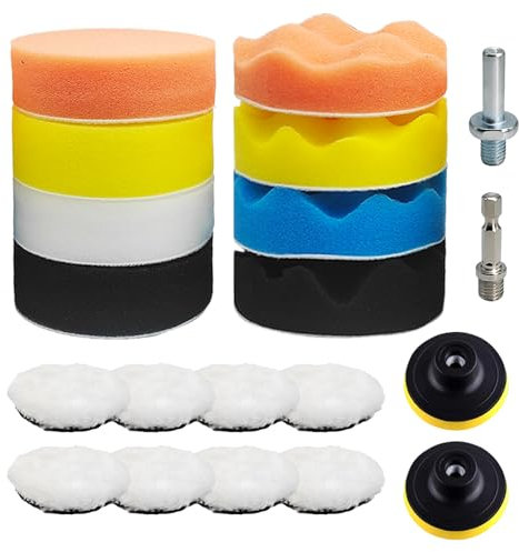 FINEASY 20 Stück Polierschwamm Auto Set, Polieraufsatz Akkuschrauber, 80mm Polierschwämme Pads Set mit Wolle Polierpads und Bohrer Adapter, Polierpad für Poliermaschine, Wachsen und Polieren
