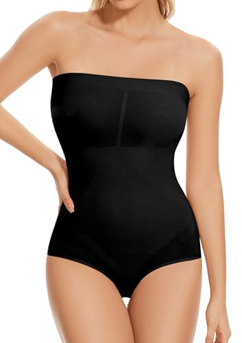 ONEW Strapless Bandeau Shapewear Bodysuit for Women Cami Bodysuit Top with Removable Spaghetti Straps Tummy Control Full Body Shaper,Black,S