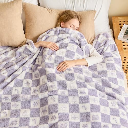 EMME Fleece Blanket Throw Blanket, Sherpa Fluffy Flannel Blanket, 150 x 200cm, Gift Checkered Blankets, Soft Warm Cozy Throw Blankets for Bed, Couch, Sofa, Armchairs, Picnic, Purple