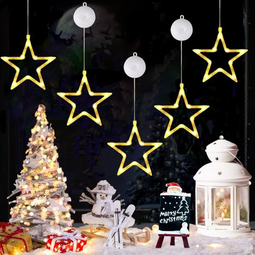 Iluminación navideña con estrellas LED, decoración navideña para ventanas, 5 piezas de iluminación para ventanas, cortina de luces cálida, alimentada por batería con ventosas, temporizador, guirnalda