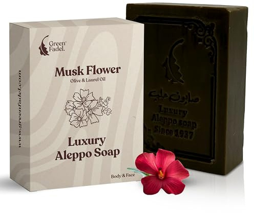 Aleppo Tvål Luxury med myskblomma arom, 1 styck, original Aleppo tvål, olivolja och lagerbärsolja, olivolja, naturtvål, för ansikte och kropp