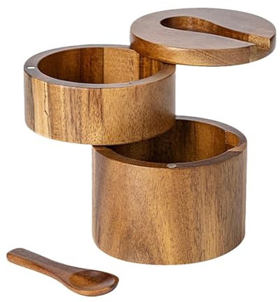 Caja de sal de madera,Contenedor de sal de madera | Contenedor de sal marina con cuchara incorporada,Caja redonda de doble capa para salero y pimentero, salero, salero, salero de cocina para especias