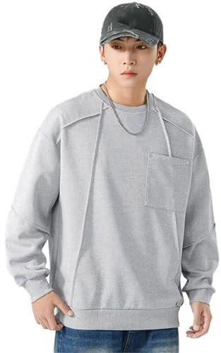 American High Street Sudadera con Cuello Redondo para Hombre Camiseta Suelta Informal de Manga Larga con Estampado-Grey-XL