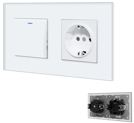 BSEED Lichtschalter mit Steckdose 1 Fach 1 Weg, Lichtschalter Glas Schuko Steckdose Unterputz mit Steckklemme, Taster Schalter Unterputz mit LED Kontrollleuchte, Weiß