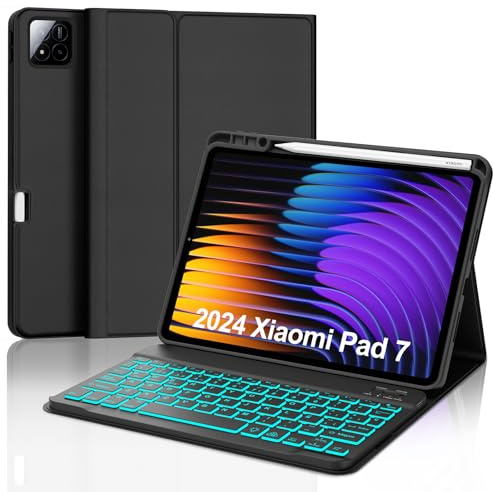 SENGBIRCH Funda con Teclado para Xiaomi Pad 7/7 Pro 11.2 2024, Inalámbrico Desmontable Español Ñ Retroilluminata Teclado para Xiaomi Pad 7/7 Pro 11.2 Pulgadas 2024, Negro