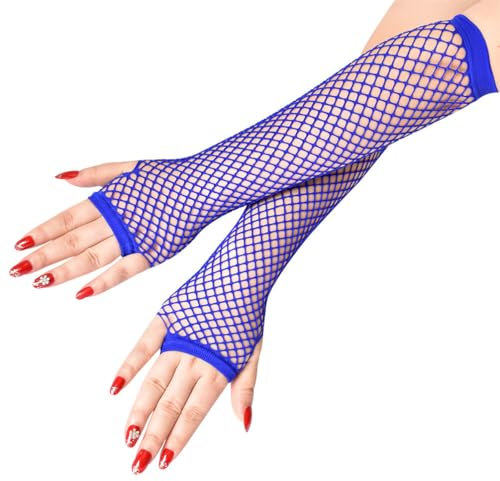 1 Paar Lange Fingerlose Netzhandschuhe Damen FischHandschuhe Rock Handschuhe Armstulpen Fishnet Gloves Netzärmel Spitzenhandschuhe Opernhandschuhen für Hochzeiten Opern Dinnerpartys Prom (Blau)