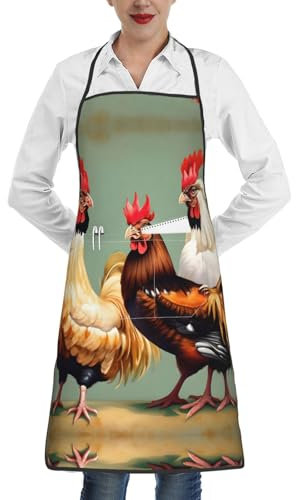 Vuoongt Schürze mit Hahn- und Huhn-Druck, zum Backen, Gartenarbeit, Nähen, Grillen, süßes Geschenk, Küche, Koch mit Taschen, Weiss/opulenter Garten, Einheitsgröße