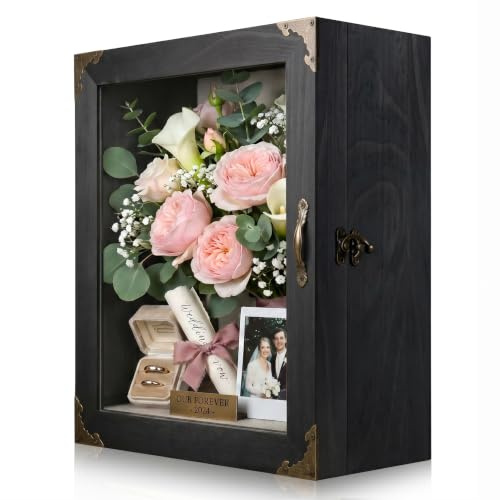 KAASTHAA Shadow Box Frame 11x13, Depth 5in Shadow Boxes Display Cases, Acrylic Door, Rustic Burnt Wood, Vintage Metal Accents, Hinged Door, Metal Handle and Latch, Linen Back