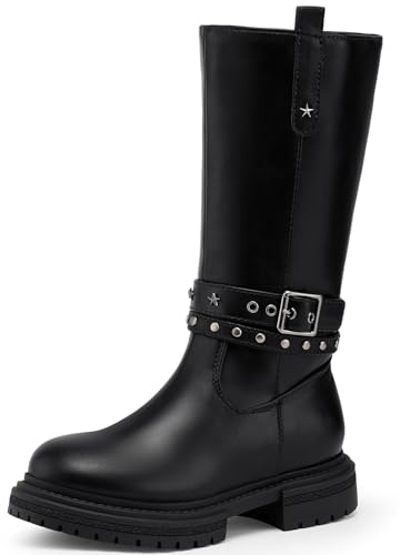Harvest Land Girls High Winter Boots Warm Kids Boots with Buckle Strap Non-Slip Sole Black1 UK1.5