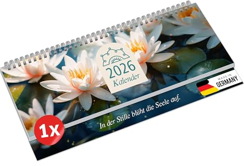 PRIMUS PRINT Bordskalender 2026 liggande veckokalender – 112 sidor möteskalender och årskalender – 297 x 130 mm – 75 g naturpapper, trådkambindning, helgdagar och skolsemester – [Individuell – näckros