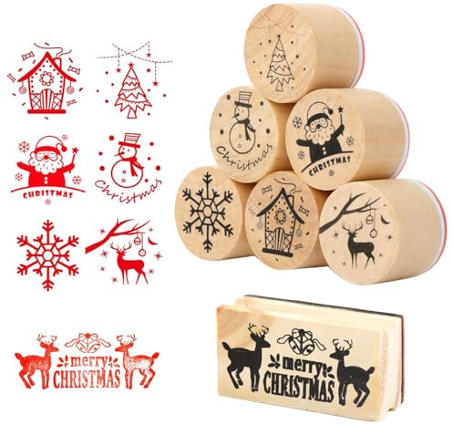 DifenzuSJ 7Pcs Weihnachten Stempel Holz Set Rund Holzstempelset Frohe Weihnachten Weihnachtsstempel Klein Motivstempel Kinder für Geschenkpapier Kartenbasteln Scrapbooking