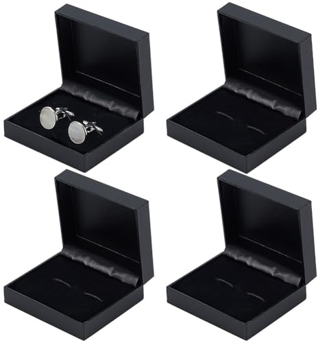 PH PandaHall 4PCS PU Leather Small Cufflink Gift Box, Stylish Cufflink Jewellery Gift Box Rectangle Black Jewellery Display Storage Case for Men for Birthday Anniversary Ceremony, 6.8x7.8x3cm