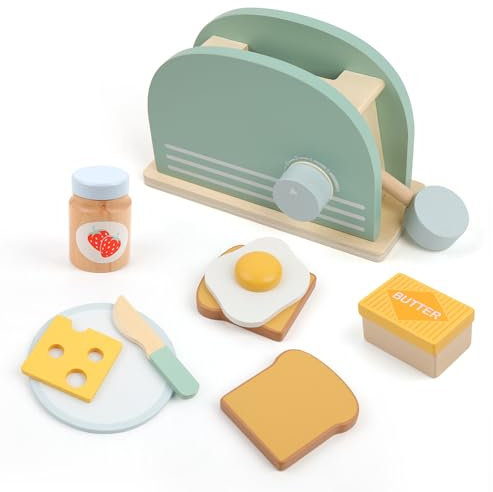 TAMOXI Spielküchenset aus Holz, Kinderküche Rollenspiel-Lernspielzeug für Kinder ab 3 Jahren, Pop-up Spielzeugtoast Set mit Brot & Butter, Geschenk für Jungen und Mädchen