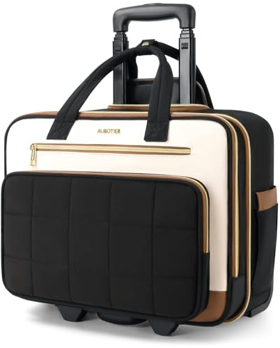 Rolling Puffer Laptop Bag, Rolling Briefcase for Women, Wheeled 16 Inch Computer Bag, Water Resistant Stylish Overnight Underseat Carry On Luggage with Wheels for Work Travel Business, Beige Brown