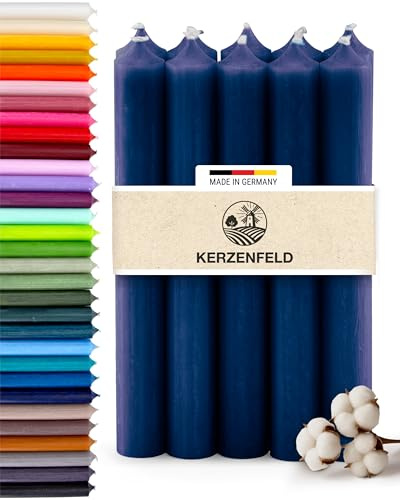 Premium Stabkerzen Dunkelblau durchgefärbt, 10 Stück, 180mm x 22mm | Made in Germany, Lange Brenndauer 8+ Stunden - Bunte Spitzkerzen Ohne Tropfen & Rußen - RAL-Zertifizierte Haushaltskerzen