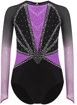 Oyolan Mädchen Turnanzug Gymnastikanzug Langarm Funkelnd Strass Color Block Eiskunstlauf Ballett Tanz Leotard Glitzer Sportbody Wettbewerb Tanzkostüm