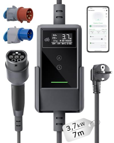 dé 3,7 kW elbilsladdare med app Uppsättning[7 m, 6–16 A] schuko laddkabel för elbil med väggfäste, digital LCD-laddare av typ 2, kompatibel med E-208, Model Y, och andra elbilar med hybridteknik