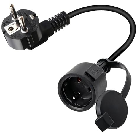 Schuko Verlängerungskabel Outdoor, 16A 250V Schutzkontakt CEE 7/7 mit Flachstecker, Wasserdichtes Kurz Verlängerungskabel für Garten, Baustellen & Camping, 90° Winkel Design, H05VV-F Kabel
