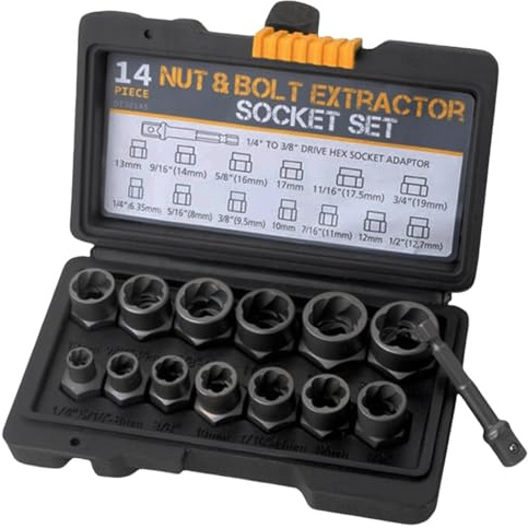 Juego de 14 extractores de tuercas, extractor de tornillos, extractor izquierdo para tornillos dañados/oxidados, juego de llaves de vaso en espiral, incluye herramientas de seguridad de llanta