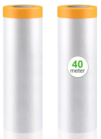VINATO Abdeckfolie mit Klebeband, Malerfolie und Abklebeband Maler Set aus 2 Rollen (110cm x 20m), Selbstklebende Schutzfolie gegen Farbspritzer, für Renovierung und Malerarbeiten