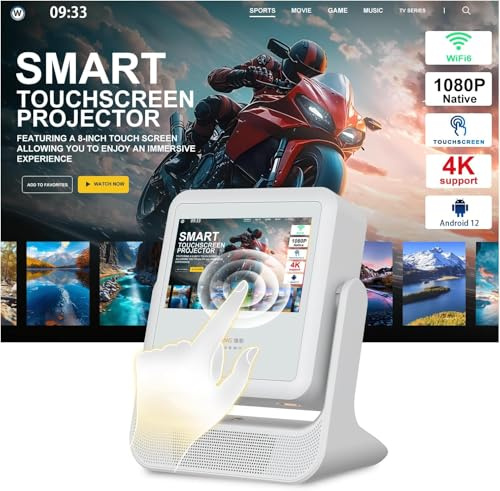 Touch Screen Portable Projector, 300 ANSI Lumens, 4K Supported, Auto Focus, Android 14.0, Wireless WiFi Screen Mirroring for iPhone/Android, 150-inch Display, Low Noise Cooling，home theater,office