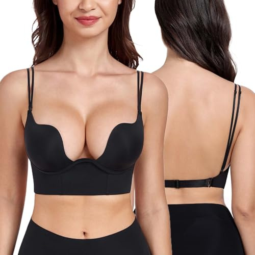 DotVol Women's Plunge Low Cut Push Up Underwire Backless Bra | Seamless, Deep Plunge, Low Back, Convertible Straps, Thick Padding, Push up, U-neckline