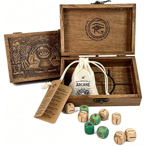 Set di dadi per divinazione arcana – Scatola in legno incisa, dadi oracolari per rituali di tarocchi, amplificatore di intuizione artigianale, set completo di 10 dadi per una profonda (1PC)