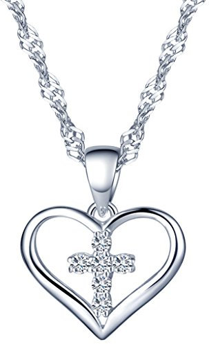 Yumilok 925 Sterling Silber Zirkonia Kreuz im Herz Anhänger Halskette Kettenanhänger für Damen Mädchen