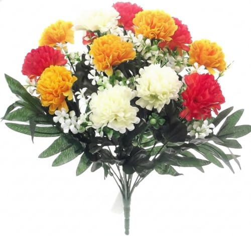 A1-Homes 36cm Artificial Silk Spiky Chrysanthemum/Mum Bush - 14 Flower Heads (1, Orange/Yellow & Cream)