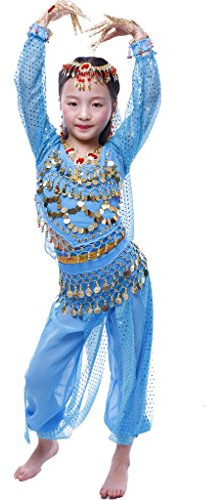 Astage Niña Disfraz Bailarina Danza Del Vientre India Manga Larga Todos Accesorios Cielo azul XL