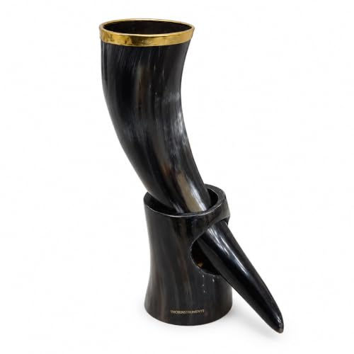 Viking Cup Chope en corne à boire authentique d'inspiration médiévale avec support rustique vintage Décoration d'intérieur Cadeau