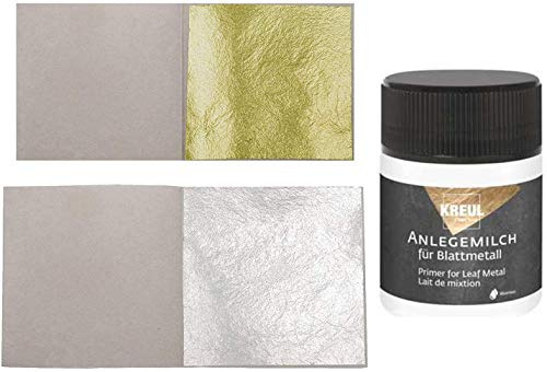20 Blatt Echtes Blattgold 23,75 Karat 38 x 38 mm Essbar + 20 Blatt Echt Blattsilber 50 x 50 mm + 1 x Kreul Anlegemilch 50ml