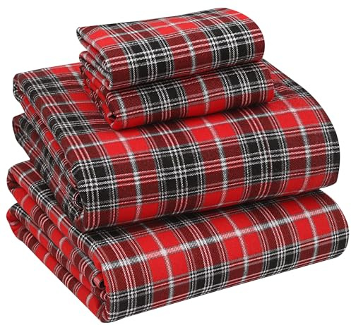 RUVANTI Flannel Sheets Queen Size - 100% Cotton Double Brushed Bed Sheets, Deep Pockets 16 Inches Queen Sheet Set, All Seasons Breathable & Extra Soft - Warm & Cozy, 4 Piece, Red Plaid