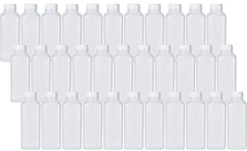 16 Oz Empty Plastic Juice Bottles with Tamper Evident Caps – 33 Pack Drink Containers - Great for Homemade Juices, Milk, Smoothies, Tea and Other Beverages - Food Grade BPA Free
