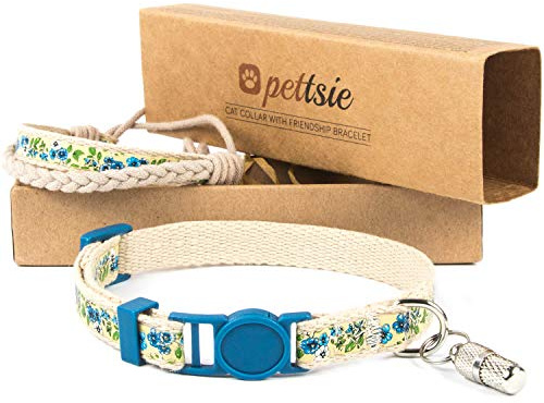 Pettsie Katzenhalsband mit Sicherheitsverschluss und Freundschaftsarmband | 100% Baumwolle, ID-Tag enthalten, Freundschaftsarmband für Sie, D-Ring für Zubehör