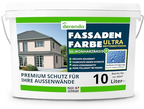 derendo Fassadenfarbe Beige ULTRA Silikonharzfarbe Perlbeige aussen 10l | Für Putz Beton, Abperleffekt, wasserabweisend, UV-beständig, hohe Deckkraft, rissfüllend, diffusionsoffen, Made in Germany,