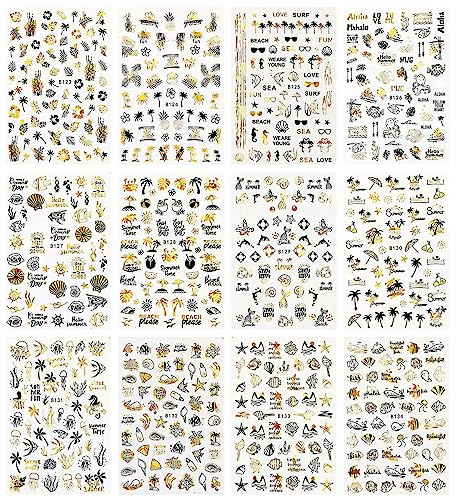 MWOOT 12 Blätter Sommer Ozean Nagelsticker Abziehbilder Nail Art Sticker, 3D Selbstklebende Nagelaufkleber Set Schwarz Gold Meer Design, DIY Nailart Aufkleber Maniküre Zubehör für Nagel Dekoration