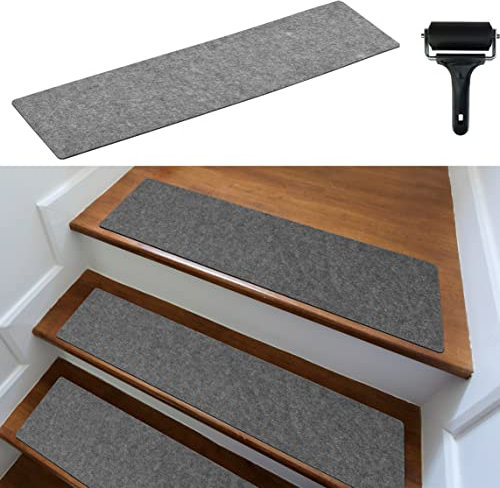 cocofy Treppenstufen Matten modern 15er Set, 75x20 cm groß Filz selbstklebend | Stufenmatten innen 15 Stück Teppich Treppenstufen Treppenteppich selbstklebend Treppen Teppichstufen Stufenteppich, grau
