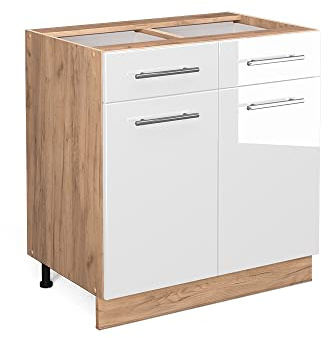 Vicco Küchenunterschrank Fame-Line, Weiß Hochglanz, 80 cm | MDF-Front · Ohne Arbeitsplatte · Höhenverstellbare Füße · Metallgriffe · Soft-Close