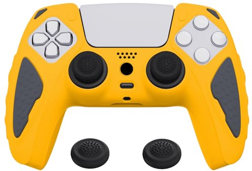 PlayVital Cover Silicone per ps5 Joystick Custodia Controller Skin Antiscivolo Copertura Gomma Protettiva&2 Copri Levette Analogiche, Knight Edizione, Giallo&Grigio Grafite