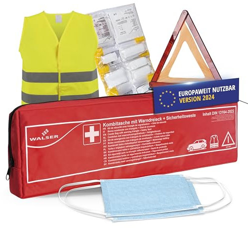 WALSER Kit di pronto soccorso auto, Kit di pronto soccorso auto 2025 con triangolo di soccorso e gilet ad alta visibilità, vincitore della comparazione* Kit di pronto soccorso auto DIN 13164