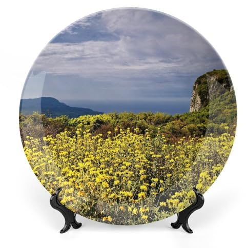 Yellow Flowers Mountains Decorative Plate for Wall Ceramic Home Wobble-Plate with Display Stand Table Decor Ornament Thanksgiving Christmas Decoration Porcelain Dinner Plate Dessert Dish 6