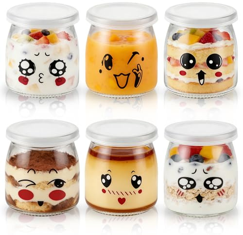 MEETOZ 6Pcs 200ml Pudding Glass Bottle,Yogurt Glass Jars with Plastic Lid,Mini Cup Small Glass Bottles for Yogurt Making, Pudding, Milk, Jelly