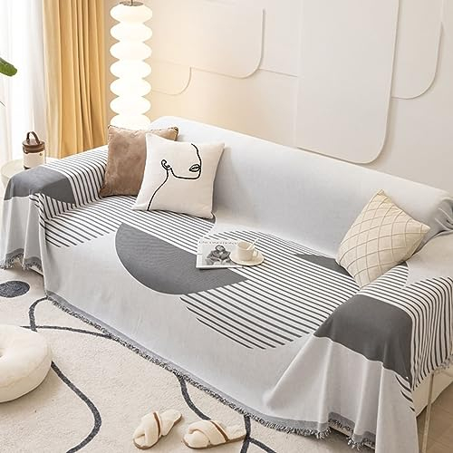 KnSam Home Sofa Überwurfdecke, Geometrische Muster Ecksofa Bezug Hussen mit Quaste, Anti-Rutsch Couchbezug Hund Chenille für Wohnzimmer Protector & Hunde Haustiere (180x400CM, Grau)