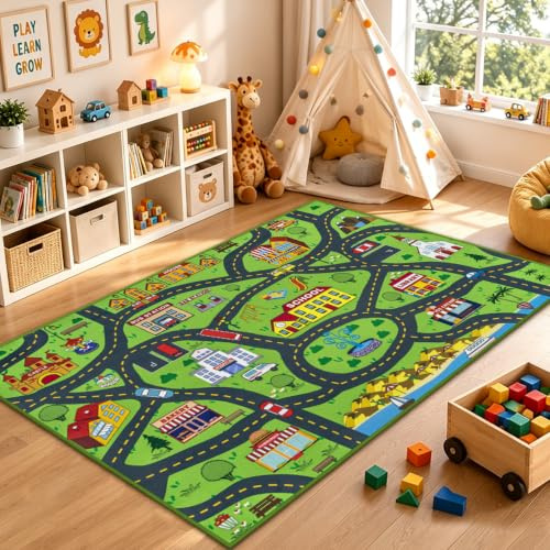 Capslpad Spielteppich Kinder Straße 120x160 cm Waschbar Kinderteppich Kinderzimmer Teppiche SPielmatte Teppich Krabbelmatte Baby für Kleinkind Junge Mädchen Schlafzimmer Spielzimmer Babyzimmer, Grün