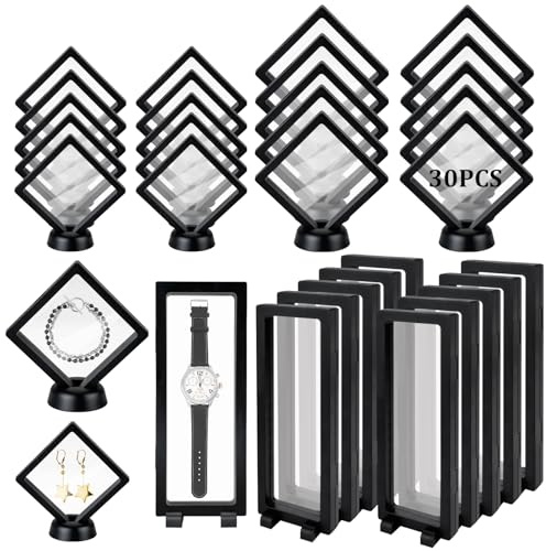 30 PCS Floating Display Case, Challenge Coin Display Stand, 3D Floating Frames Transparent PE Jewelry Storage Box for Medal, Medallion, Stamps(2.75x2.75in, 3.54x3.54in, 9.06x3.54in)