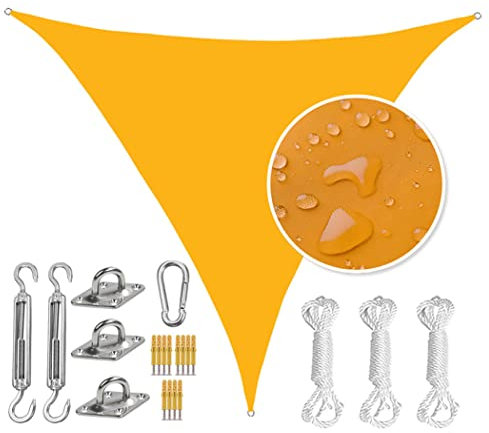 Waterproof Triangle Sun Shade Sail Canopy 3.6X3.6X3.6M Outdoor Patio Shade Cover with Heavy Duty Stainless Steel Hardware Kit Ideal for Backyard Lawn Garden Pool Carport Yellow