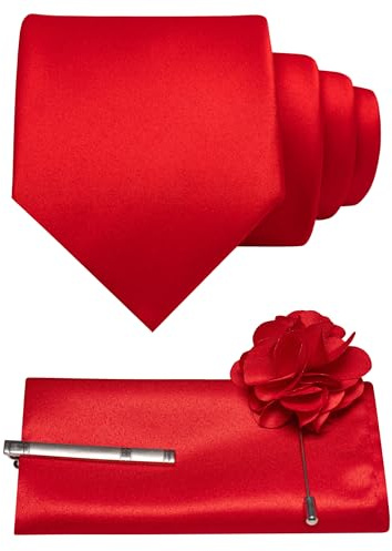 JEMYGINS 8 cm einfarbige formelle Krawatte und Einstecktuch mit Krawattenklammer, Reversnadel-Set, Herrenkrawatte für Business und Hochzeit, 4 Stück, rot, Einheitsgröße